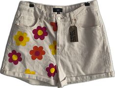 White Hot, Vintage Denim, Flower Power, United Kingdom, Hand Painted, Womens Shorts, Pants, White, Trousers