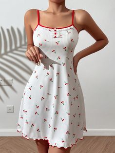 Women's Cherry Printed Contrast Trimmed Cami Pajama Night Dress White Casual-Young  Sleeveless Knitted Fabric Fruit&Vegetable Slip Dress Medium Stretch All Women Sleep & Lounge, size features are:Bust: ,Length: ,Sleeve Length: Sleep Ware, Ulzzang Outfit, Moroccan Bride, Fairy Dresses, Sleepwear Dress, Short Pj Set, Sleep Dress, Red Mini Dress, Sleepwear Women