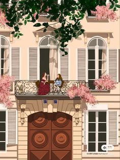 two people sitting on the balcony of a building with pink flowers in front of them