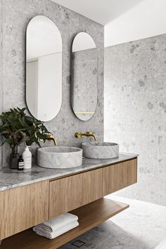 a bathroom with two sinks and mirrors on the wall next to a potted plant