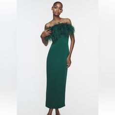 New With Tags Sold Out In Store And Online! Elegant Maxi Dress With Feather Trim, Formal Fitted Maxi Dress With Feather Trim, Fitted Maxi Dress With Feather Trim, Evening Maxi Dress With Feather Trim, Chic Evening Maxi Dress With Feather Trim, Spring Formal Dress With Feather Trim, Green Spring Dress With Feather Trim, Spring Green Dress With Feather Trim, Fitted Green Dress With Feather Trim