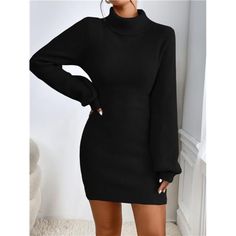 Introducing The Black Sweater Dress, Crafted For Elegance. This Dress Features A High Neckline And Long Bishop Sleeves For A Sophisticated Look. The Natural Waistline And Pencil-Shaped Hem Create A Flattering Short Silhouette. Made From Knitwear With Slight Stretch, It Ensures A Regular Fit That Combines Comfort With Style. Non-Sheer And Thoughtfully Designed, This Dress Is Perfect For A Chic, Polished Appearance. Note: Belt Not Included. Black Fitted Sweater Dress For Evening, Fitted Sweater Dress For Night Out, Black Fitted Mini Dress For Fall Season, Black Fitted Mini Dress For Fall, Elegant Black Fitted Sweater Dress, Fitted Sweater Dress For Date Night In Fall, Elegant Solid Color Sweater Dress For Night Out, Elegant Sweater Dress For Night Out, Elegant Black Sweater Dress For Night Out