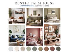 a collage of different colors of furniture in a living room with the words rustic farmhouse