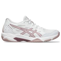 the white and pink asics shoes are on display in front of a white background