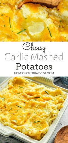 an easy cheesy garlic mashed potato casserole recipe that is ready to be eaten