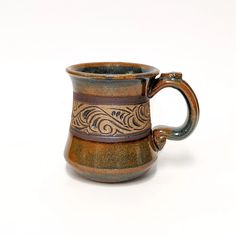 a brown and black coffee mug on a white background