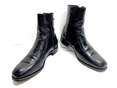 THIS IS A PAIR OF 90's Y2K VERY HANDSOME FLORSHEIM BOOTS. ALL LEATHER BLACK FLORSHEIM DISCO DRESS BOOTS.  READS A MENS SIZE 9.5D MADE IN INDIA INSIDE THE BOOTS.  CAN BE WORN FOR THAT GRUNGE KURT COBAIN JOHN TRAVOLTA BEATLES HIPSTER LOOK. PERFECT FOR COSPLAY OR EVERYDAY. THEY ARE IN EXCELLENT VERY CLEAN CONDITION FOR VINTAGE AS SHOWN IN THE PICTURES. THEY DO HAVE LIGHT CREASES IN THE LEATHER ACROSS THE INSTEPS AS SHOWN IN THE PICTURES BUT STILL A VERY HANDSOME PAIR OF BOOTS. ALL LEATHER SOLES ARE THICK AND HEELS ARE NOT WORN DOWN OR LOPSIDED AS SHOWN IN THE PICTURES.    THE ZIPPERS WORK PERFECTLY AND RUN SMOOTHLY.  GREAT FOR COSPLAY OR EVERYDAY. CONSTRUCTED OF ALL BLACK LEATHER. INSIDES ARE LINED IN A BLACK LEATHER WITH VERY CLEAN LIGHTLY PADDED SIGNATURE FLORSHEIM FOOT BED. HAS VERY THICK Fitted High-top Boots For Formal Occasions, Fitted High-top Formal Boots, Formal Fitted High-top Boots, Disco Boots, Y2k Boots, Leather Cosplay, Hipster Looks, Saturday Night Fever, Cosplay Boots