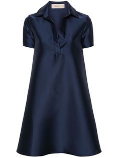 navy blue twill weave textured finish A-line classic collar split neck short sleeves buttoned cuffs two side inset pockets thigh-length straight hem Chic Short Sleeve Evening Shirt Dress, Elegant Collared Neckline Shirt Dress With Placket, Elegant Short Sleeve Shirt Dress For Semi-formal Occasions, Elegant Semi-formal Dress With Placket, Classic V-neck Shirt Dress For Formal Occasions, Classic Dress With Concealed Placket, Short Sleeve Workwear Dresses With Placket, Elegant Blue A-line Shirt Dress, Classic Semi-formal Short Sleeve Mini Dress