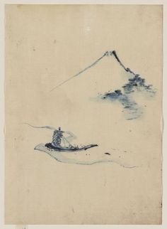 a drawing of a man in a boat on the water with a mountain behind him