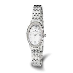 Stainless steel women's Charles Hubert watch featuring crystals encrusted oval bezel, 21x32mm case, Roman numerals with silver-tone hands on silver dial. Comes with Japanese quartz movement, 3 ATM water resistant, lifetime warranty on movement type and deployment buckle clasp. Watch band measures approximately 8 1/2"L x 3/8"W.