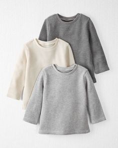 Heather Grey, Sweet Cream, Gravel Grey Baby 3-Pack Waffle Knit T-Shirts Made with Organic Cotton | carters.com Solid Ribbed T-shirt For Layering, Long Sleeve Solid Ribbed T-shirt, Solid Color Ribbed Long Sleeve T-shirt, Organic Cotton Long Sleeve Tops For Layering, Organic Cotton Tops With Ribbed Cuffs For Everyday, Solid Ribbed Long Sleeve T-shirt, Basic Ribbed Tops For Layering, Solid Ribbed T-shirt For Loungewear, Everyday Organic Cotton Tops With Ribbed Cuffs