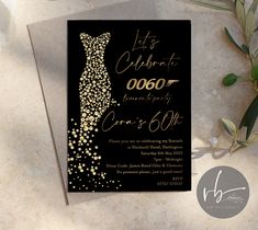 an elegant black and gold wedding card with the words it's celebrate here at forty