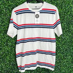 New Topman T Shirt Mens Medium Red White Blue Striped Pullover Short Sleeve Condition: New With Tag. Very Good Condition. Please See All Photos For Condition And Measurements. Please Let Us Know If You Have Any Questions. Thanks For Shopping With Us. Casual Cotton Tops With Vertical Stripes, White T-shirt With Horizontal Stripes For Summer, White Horizontal Stripe T-shirt For Summer, Casual Cotton Top With Horizontal Stripes, Casual White Shirt With Horizontal Stripes, Casual Cotton Shirt With Contrast Stripes, White Vertical Stripes T-shirt For Summer, White Casual T-shirt With Vertical Stripes, White Horizontal Stripe Cotton T-shirt