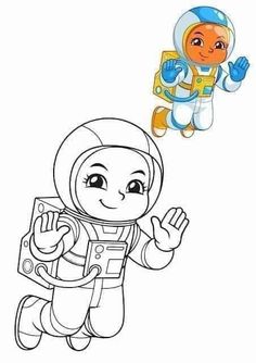 an astronaut is flying in the sky with his hand up and another character behind him