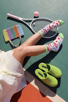 The Sock Candy Mushroom Forest Tennis Crew sock adds a fun and whimsical touch to your look both on and off the court. Designed with ribbing on the ankle for the perfect scrunch and a bright green cuff and toe for a pop of color. Content + Care 66% Combed Cotton, 31% Nylon, 3% Spandex Machine wash cold inside out with like colors. Hang dry. Do not tumble dry. Do not bleach. Do not iron. Made in China Size + Fit One Size – Fits US W5.5-10 | Sock Candy Mushroom Forest Tennis Sock in Green, Women's Tennis Whites, Tennis Socks, Mushroom Forest, Sheer Socks, Crew Sock, Womens Tennis, Chunky Platform, Sock Shop, Fashion Socks