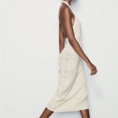 New With Tags Zara Midi Dress Made Of Knit Fabric With Halter Neckline.Open Back. Chic Textured Knit Summer Dresses, Open Knit Sweater Dress For Summer, Chic Cream Knitted Dress, Chic Pointelle Knit Beach Dress, Open Knit Midi Dress, Spring Beige Open Knit Dress, Beige Open Knit Dress For Spring, Cream Knit Beach Dress, Spring Midi Crochet Dress