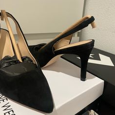 Short Heel. Tried Around The House But They Fit Me To Big. (I’m A Size 5 And Was Hopeful I Could Make The 6 Work, So I Would Say They Are True To Size) Medium Width High Heel Slingback Pumps For Party, Medium Width Slingback Heels For Party, Chic Slingback Pumps For Night Out With Branded Heel, Chic Court Shoes With Heel Strap For Night Out, Chic Black Open Heel Court Shoes, Sling Back Heels, Short Heels, Sling Back, Shoes Women Heels