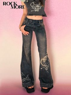 Rockmore Y2K Low Rise Flare Jeans for Woman Streetwear Aesthetic Print Jean Pants Vintage Washed Punk Style Wide Leg Bottoms For Concerts, Non-stretch Y2k Style Streetwear Pants, Baggy Punk Bottoms For Concert, Edgy Baggy Bottoms For Concert, Wide Leg Cotton Pants For Concert, Casual Wide Leg Pants For Concert, Cotton Wide Leg Pants For Concert, Mid-rise Grunge Pants For Streetwear, Y2k High Waist Bottoms For Concert