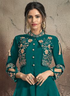 Teal Blue Designer Embroidered Taffeta Silk Party Wear Gown-Saira's Boutique Resham Embroidery, Party Wear Gown, Lace Border, Blue Fabric, Teal Blue, Fabric Color, Party Wear, Ready To Wear, Chiffon