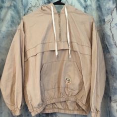 Never Worn Perfect Condition “One Size” Fits Like A Large Beige Long Sleeve Casual Windbreaker, Lightweight Beige Outerwear For Spring, Casual Beige Long Sleeve Windbreaker, Oversized Beige Casual Windbreaker, Sporty Beige Windbreaker For Spring, Casual Beige Windbreaker, Casual Beige Windbreaker For Spring, Casual Beige Spring Windbreaker, Casual Cream Windbreaker For Streetwear