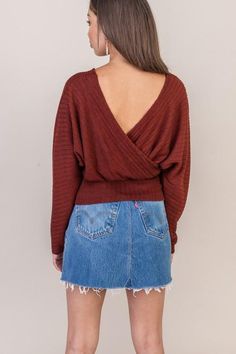 Brick Top - Amber Moon Trendy V-neck Top With Twist Front, Versatile Knit V-neck Tops, Chic Wrap Tops For Loungewear, V-neck Wrap Top For Loungewear, Chic V-neck Faux Wrap Tops, Trendy Twist Front V-neck Top, Fall Wrap Top With Surplice Neckline, Faux Wrap V-neck Top For Fall, Fall V-neck Wrap Top For Layering