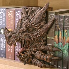 a book shelf with books and a dragon head on it