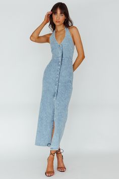 Renita Halterneck Button Maxi Dress Denim Blue by Selfie Leslie Blue Selfie, Long Denim Dress, Weekend Lunch, Button Maxi Dress, Selfie Leslie, Distressed Denim Skirt, Dress Denim, Blue Maxi, Date Night Dresses