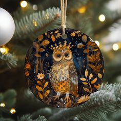 an owl ornament hanging from a christmas tree