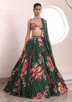 Yuna green embroidered lehenga set Modern Lehenga, Ruffled Saree, Lehenga Style Saree, Indian Bridesmaid Dresses, Green Lehenga, Lehenga Style, Embroidered Lehenga, Indian Wedding Wear, Professional Cleaning