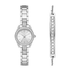 This Time and Tru Silver Tone Crystal Watch and Bracelet Set is all you need for an elegant finish to dressy outfits. The polished silver tone of this watch sets off the crystal bezel, cushion case and lugs, creating a shimmery effect that is sure to get noticed. Add the matching bar bracelet with channel-set crystals for that extra bit of sparkle. Exclusively at Walmart. Size: 26 mm.  Gender: female.  Age Group: adult. Watch And Bracelet Set, Watch Set, Crystal Watches, Bar Bracelet, Fashion Watch, Watch Bracelet, Bar Bracelets, Watches Women Fashion, Case Design