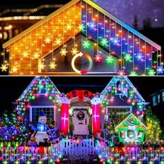 two houses decorated with christmas lights and decorations