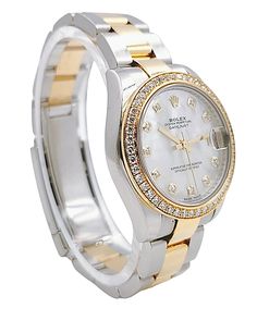 Ladies Rolex DateJust 31mm Midsize Two Tone 18K Yellow Gold / Stainless Steel Watch with Mother of Pearl Diamond Dial and Diamond Bezel. Pre-Owned SN# 9W8***** Year: 2018. Brand: Rolex. Dial: Diamond. Bezel: Diamond. Crystal: Sapphire. Gender: Women's. Condition: Excellent. Case Dimensions: 31mm. Model Number: 178383. Dial Color: Mother of Pearl. Date on Card: May 03, 2018. Movement: Self-Winding (Automatic). Metal Type: 18K Yellow Gold / Stainless Steel. Bracelet / Strap: 18K Yellow Gold / Stainless Steel. Box / Certificate: Includes Rolex Box / Rolex Card. Service Warranty: Includes One (1) Service Warranty. 36mm Rolex Women, 26mm Rolex Women, Rolex Mother Of Pearl, Women’s Rolex Gold, Ladies Rolex Watches Two Tones, Zenith Watches, Rolex Women, Rolex Watches Women, Chanel Watch