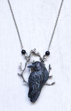 Raven Gothic Necklace Raven Pendant Bird Jewelry Black Crow | Etsy Gothic Hand-cast Halloween Necklaces, Black Fantasy Pendant Necklace, Fantasy Black Pendant Necklace, Black Witchy Jewelry For Cosplay, Unique Black Halloween Necklace, Black Jewelry For Halloween Fantasy Events, Fantasy Necklaces For Halloween Gift, Black Fantasy Necklace For Gift, Gothic Black Necklace For Fantasy Events