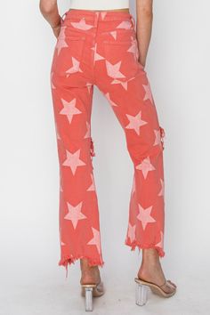 Get ready to rock some stellar style with our Coral Star Print Distressed Jeans! These high rise jeans feature a playful star print and unique distressed details, making them a bold fashion statement. Whether you're hitting the town or just chilling with friends, these jeans will add a touch of quirky fun to your outfit. Pattern Jeans, Rock N Roll Style, Patterned Jeans, Peach Blossom, Star Jeans, Peach Blossoms, Star Pattern, Straight Pants, Star Patterns