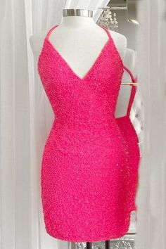 This tight hot pink short homecoming dress features halter neckline, sequins and open back. *Shown Color: As pictured Please email me if you want any other colors. *Time: Processing Time + Shipping TimeProcessing Time: 10-15 days; Shipping Time: 3-5 days.If you need this product urgently, or have any questions,please contact our customer service through our live chat or email: contact@modcody.com *Size: Besides stand size 2-16, we still offer free custom size, which requires:Bust:___ inch/cmWais Neon Pink Dress For Dance, Neon Dresses Party, Hot Pink Fitted Dress, Pink Hoco Dress Short, Prom 2k22, Short Hot Pink Dress, Pink Hoco Dress, Hoco 2022, 30th Ideas