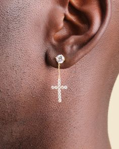 The earring everyone’s been asking for: the Hanging Cross Stud Earring. This unique men’s gold earring has a studded cross dangling from a 1ct diamond simulant stud for delicate movement and maximum style. Mens Earrings Studs, Cross Earrings Studs, Solid Gold Chains, Diamond Simulant, Silver Shop, Gold Earring, Men's Rings, Pendant Bracelet, Luxury Accessories