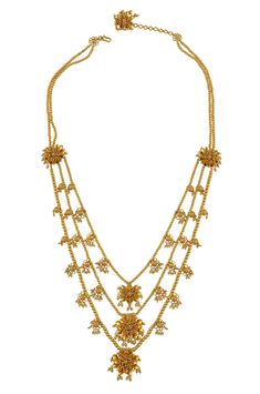 Beautiful gold plated floral layered necklace. Shop Amrapali jewelry from Pure Elegance in India. Multi-strand Gold Jewelry For Celebration, Yellow Gold Necklace With Intricate Design For Puja, Intricate Yellow Gold Necklace For Puja, Gold Long Necklace For Puja, Gold Necklaces With Zari Work For Reception, Gold Temple Necklace With Zari Work For Reception, Gold Multi-strand Jewelry For Festivals, Gold Temple Necklace With Cutdana For Receptions, Festive Gold Plated Temple Necklace With Tilla