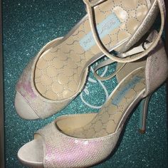 Betsey Johnson Ivory Sequin Heels From Her Blue Wedding Collection. Brand New In Box! Size 6.5 Betsey Johnson Wedding, White Ankle Strap Heels, Ivory Heels, Metallic High Heels, Silver Wedding Shoes, Sequin Heels, Blue By Betsey Johnson, Lace Pumps, Pointy Toe Heels