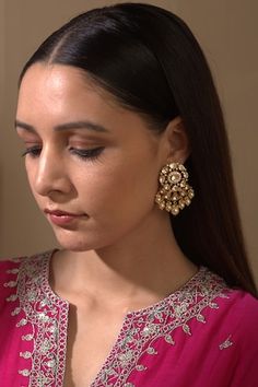 18kt gold plated 92.5 silver Bloom Tara drop earrings with vellore polki and freshwater pearl embellishments. - Aza Fashions Polki Drop Earrings, 22k Gold Cutdana Danglers, 22k Gold Danglers With Cutdana, Reception Chandbalis With Tilla Detail, Teardrop Bridal Earrings For Festivals, Festive Bridal Earrings For Reception, Chandbali Bridal Earrings For Reception, Elegant Gota Work Earrings For Diwali, Kundan Danglers For Formal Occasions