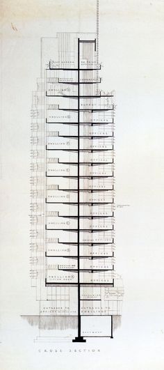 an architectural drawing of a tall building