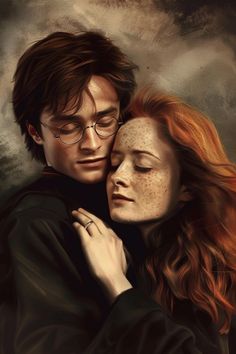 harry potter and hermile hugging in front of a cloudy sky with stars on it