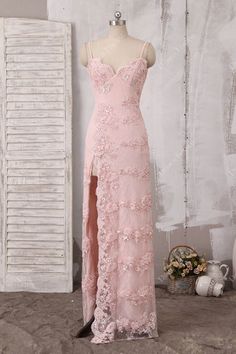 This sophisticated pink beaded lace sheath evening prom dress features spagehtti straps bodice with a scalloped V neckline, floor length skirt with slit. #promdress #eveningdress Light Pink Dress Prom, Crosshatch Embroidery, Prom 23, Pink Evening Gowns, Dream Prom Dress, Baby Pink Dresses, Gown Ideas, Pink Long Dress, African Styles