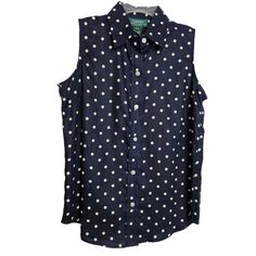 On Trend Polka Dot Top By Lauren Ralph Lauren. Sleeveless Style Button-Down Flag Navy Blue With White Dots 6 Button Front Extra Buttons With Tags Lrl Logo Embroidered On Chest 100% Linen Size P/P Petite New With Tags - Excellent New Condition Approximate Measurements: Pit To Pit 18" Length 24" Weight 5.3 Oz. Casual Polka Dot Sleeveless Top, Casual Polka Dot Tank Top, Sleeveless Polka Dot Cotton Tops, Navy Ralph Lauren Short Sleeve Tops, Preppy Ralph Lauren Button-up Tops, Navy Ralph Lauren Cotton Tops, Polka Dot Sleeveless Cotton Top, Ralph Lauren Fitted Button-up Tops, Affordable Ralph Lauren Short-sleeved Tops