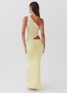 Seranella One Shoulder Maxi Dress - Lemon – Peppermayo US Yellow Stretch Maxi Dress For Night Out, Stretch Yellow Maxi Dress For Night Out, Spring Stretch Maxi Dress For Prom, Spring Evening One-shoulder Dress With Cutout, Summer One Shoulder Floor-length Dress For Prom, Fitted One Shoulder Long Summer Dress, Yellow Fitted One-shoulder Dress, Summer One Shoulder Floor-length Prom Dress, Fitted One Shoulder Long Dress For Summer