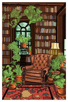 a drawing of a living room with bookshelves and potted plants