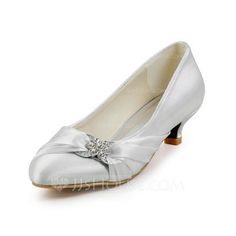 women's satin closed toe low heel with bowknot white wedding shoes for bride