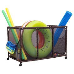 an inflatable pool toy with various items inside it and on the back side