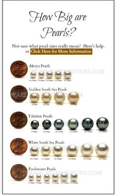 Types Of Pearls, Jewelry Knowledge, Bijoux Art Nouveau, Comparison Chart, Bead Sizes, Golden South Sea Pearls, Size Comparison, Antique Engagement Rings, Akoya Pearls