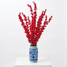 a blue and white vase with red flowers in it