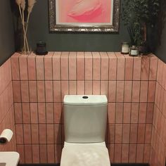 a white toilet sitting in a bathroom next to a pink tiled wall with plants on it